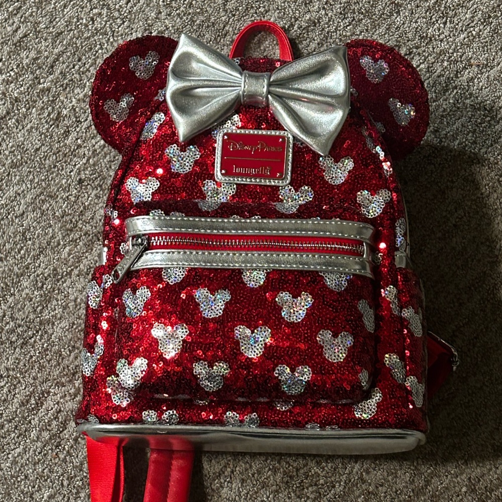 Disney Store Loungefly Minnie Backpack Mickey Icon Pattern Sequins Red Minnie